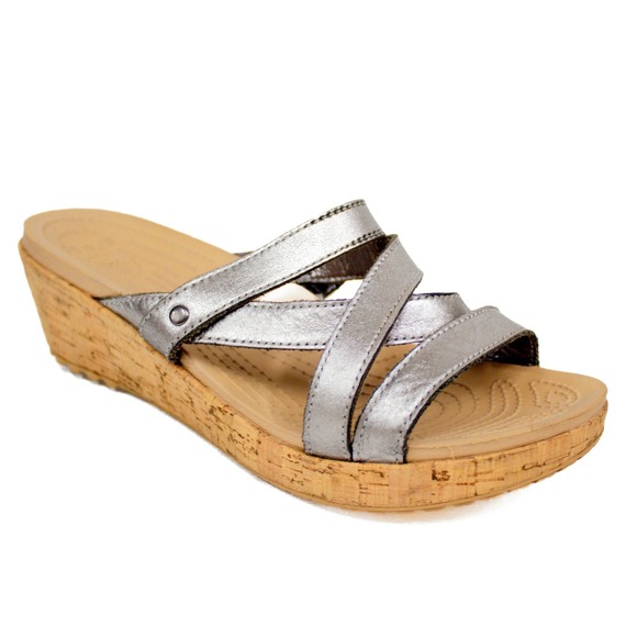 Crocs Aleigh Wedge Sandals Silver Comfort Slide Casual Shoes Women's Size 7 - Picture 1 of 10